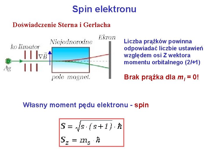 Spin elektronu Doświadczenie Sterna i Gerlacha Liczba prążków powinna odpowiadać liczbie ustawień względem osi