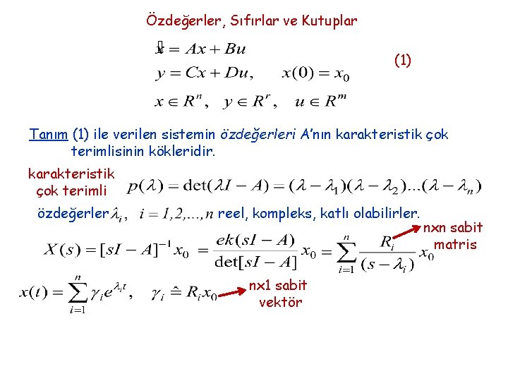 Özdeğerler, Sıfırlar ve Kutuplar (1) Tanım (1) ile verilen sistemin özdeğerleri A’nın karakteristik çok