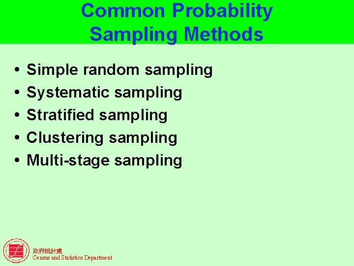 Common Probability Sampling Methods Simple random sampling Systematic sampling Stratified sampling Clustering sampling Multi-stage