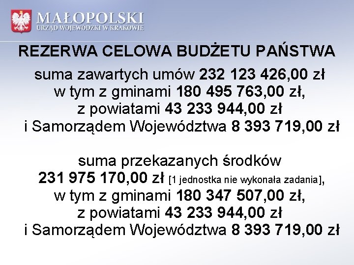 REZERWA CELOWA BUDŻETU PAŃSTWA suma zawartych umów 232 123 426, 00 zł w tym