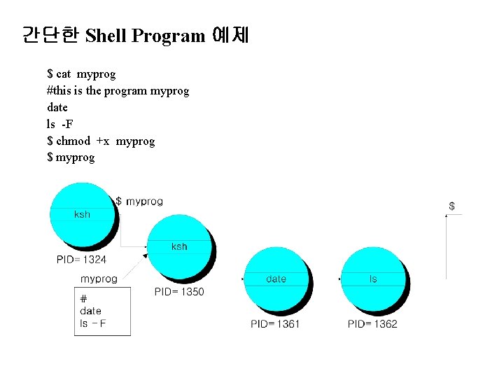 간단한 Shell Program 예제 $ cat myprog #this is the program myprog date ls