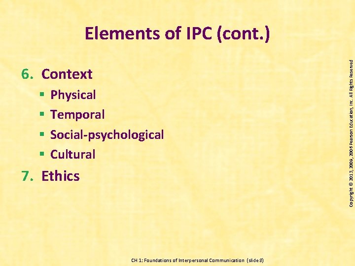 6. Context § § Physical Temporal Social-psychological Cultural 7. Ethics CH 1: Foundations of