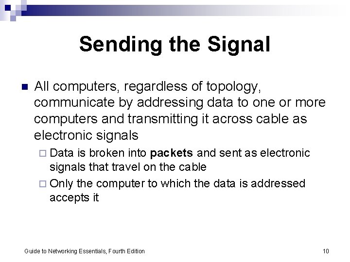 Sending the Signal n All computers, regardless of topology, communicate by addressing data to