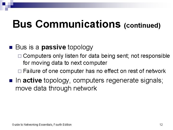 Bus Communications (continued) n Bus is a passive topology ¨ Computers only listen for