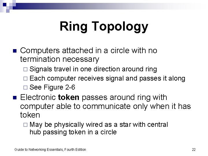 Ring Topology n Computers attached in a circle with no termination necessary ¨ Signals