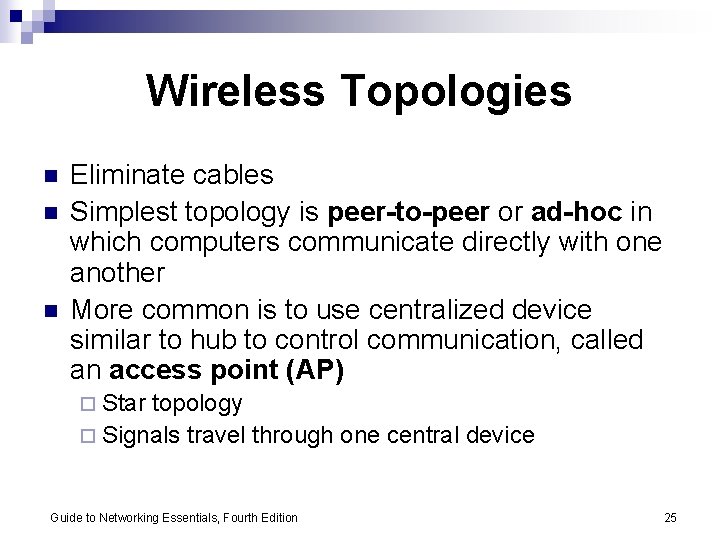 Wireless Topologies n n n Eliminate cables Simplest topology is peer-to-peer or ad-hoc in