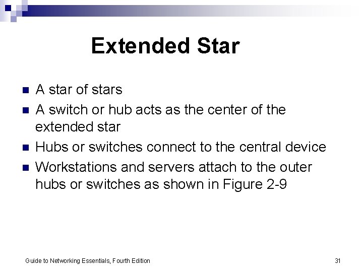 Extended Star n n A star of stars A switch or hub acts as