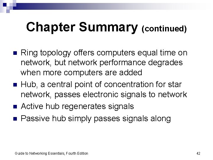 Chapter Summary (continued) n n Ring topology offers computers equal time on network, but