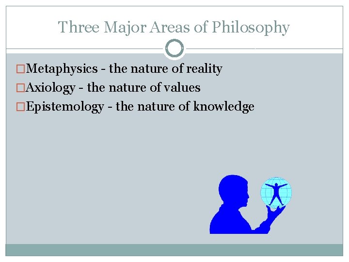Three Major Areas of Philosophy �Metaphysics - the nature of reality �Axiology - the