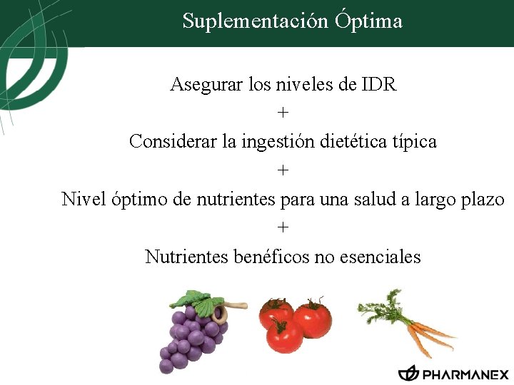 Suplementación Óptima Asegurar los niveles de IDR + Considerar la ingestión dietética típica +