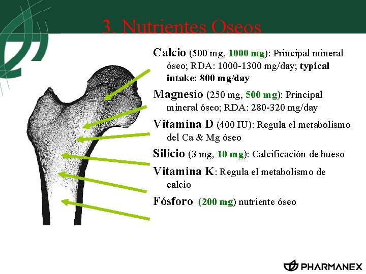 3. Nutrientes Oseos Calcio (500 mg, 1000 mg): Principal mineral óseo; RDA: 1000 -1300