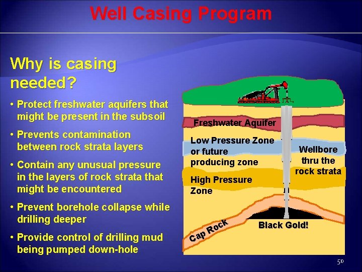 Well Casing Program Why is casing needed? • Protect freshwater aquifers that might be