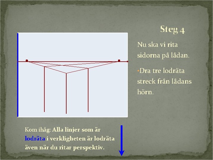 Steg 4 Nu ska vi rita sidorna på lådan. • Dra tre lodräta streck