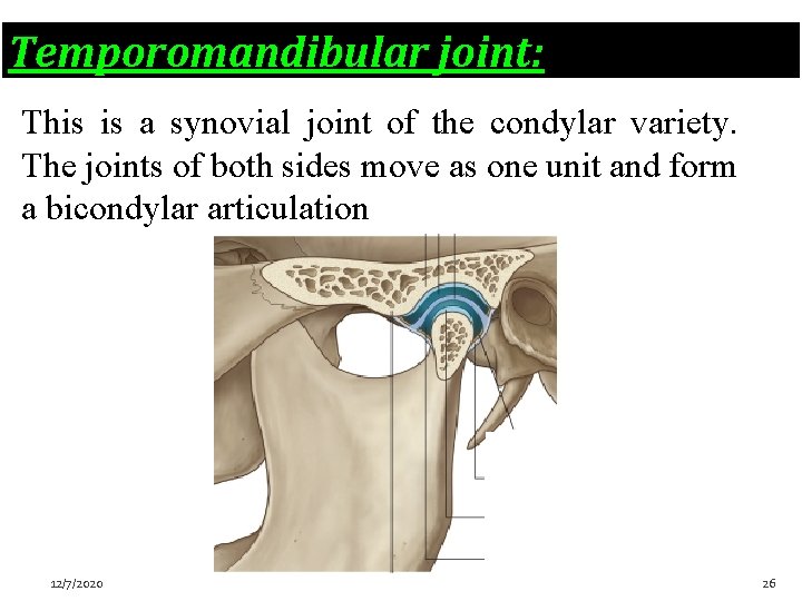 Temporomandibular joint: This is a synovial joint of the condylar variety. The joints of