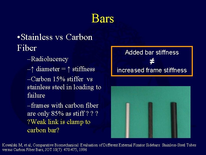 Bars • Stainless vs Carbon Fiber –Radiolucency –↑ diameter = ↑ stiffness –Carbon 15%