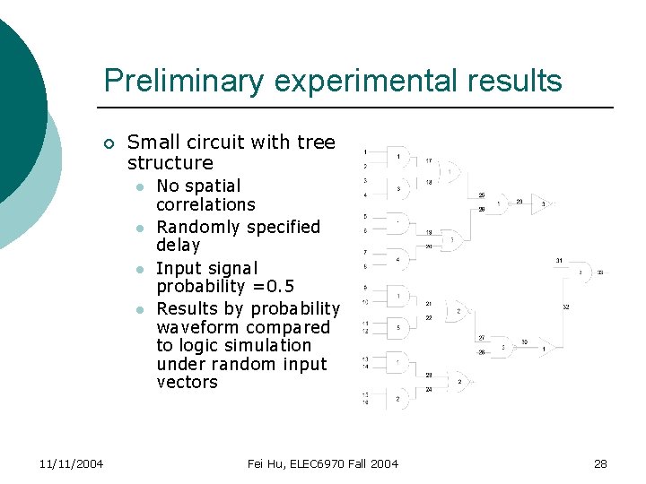 Preliminary experimental results ¡ Small circuit with tree structure l l 11/11/2004 No spatial