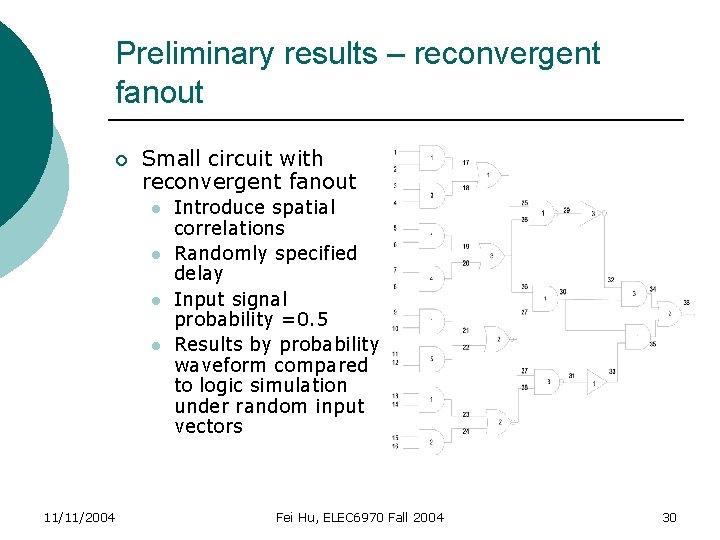 Preliminary results – reconvergent fanout ¡ Small circuit with reconvergent fanout l l 11/11/2004