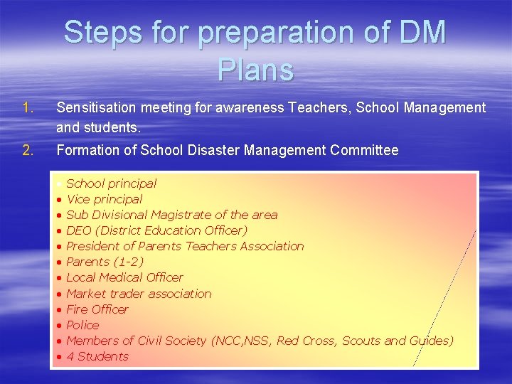 Steps for preparation of DM Plans 1. Sensitisation meeting for awareness Teachers, School Management