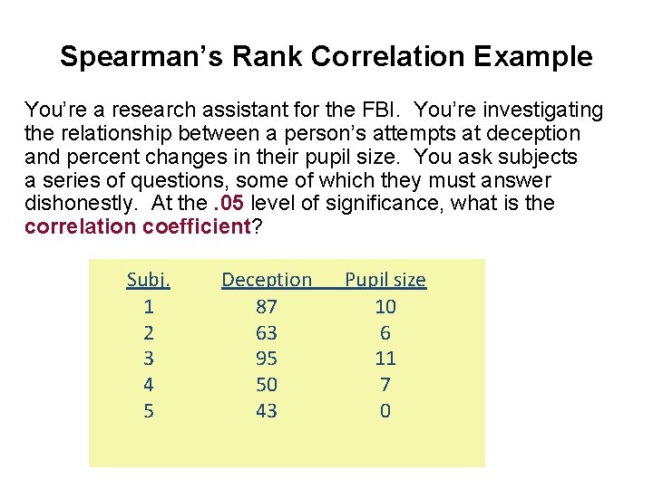 Spearman’s Rank Correlation Example You’re a research assistant for the FBI. You’re investigating the