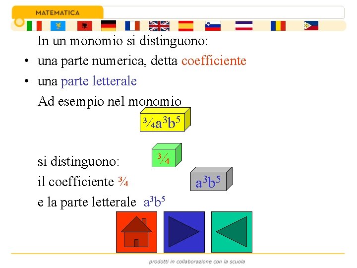 In un monomio si distinguono: • una parte numerica, detta coefficiente • una parte