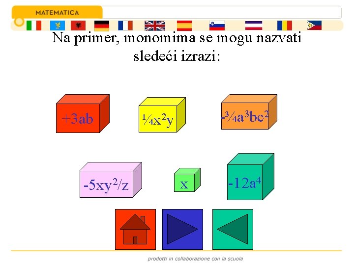 Na primer, monomima se mogu nazvati sledeći izrazi: +3 ab -5 xy 2/z -¾a
