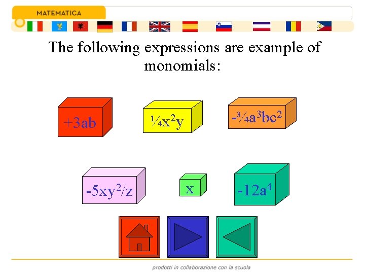 The following expressions are example of monomials: +3 ab -5 xy 2/z -¾a 3