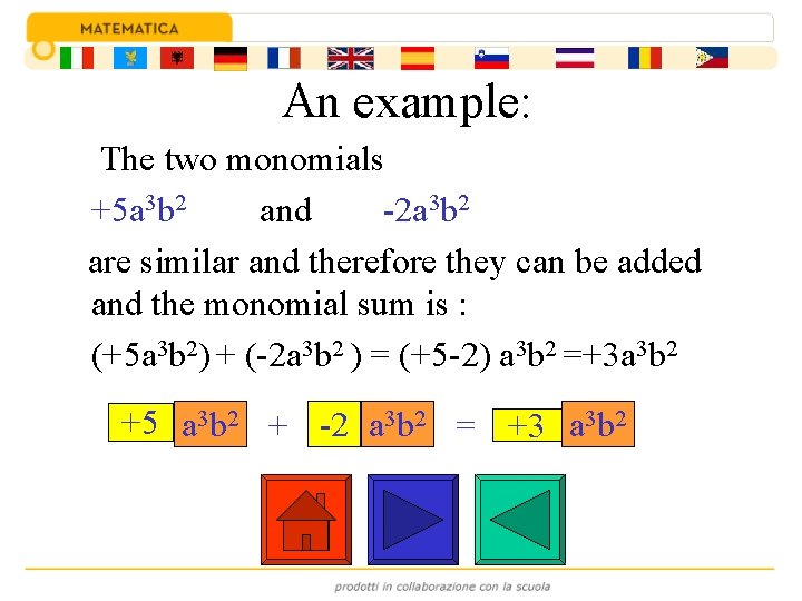 An example: The two monomials +5 a 3 b 2 and -2 a 3