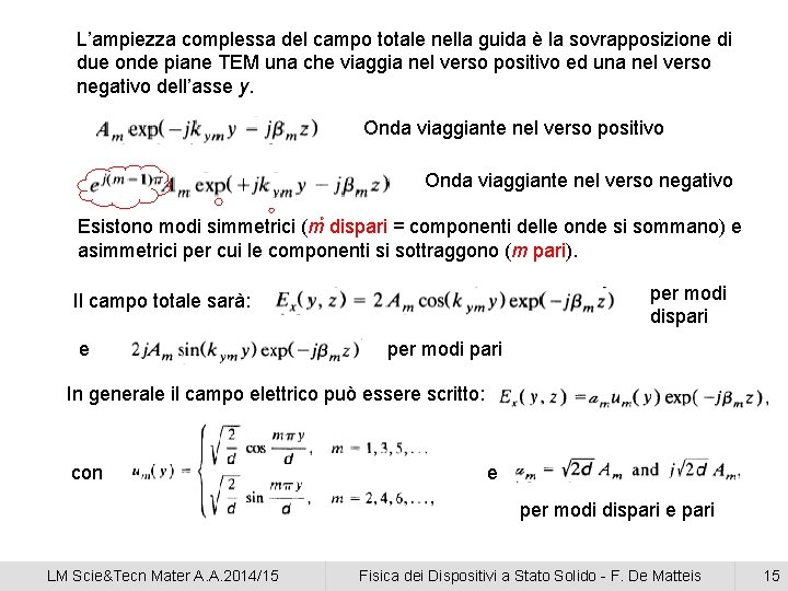 L’ampiezza complessa del campo totale nella guida è la sovrapposizione di due onde piane