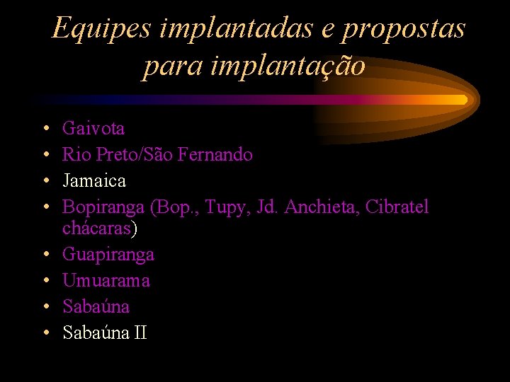 Equipes implantadas e propostas para implantação • • Gaivota Rio Preto/São Fernando Jamaica Bopiranga