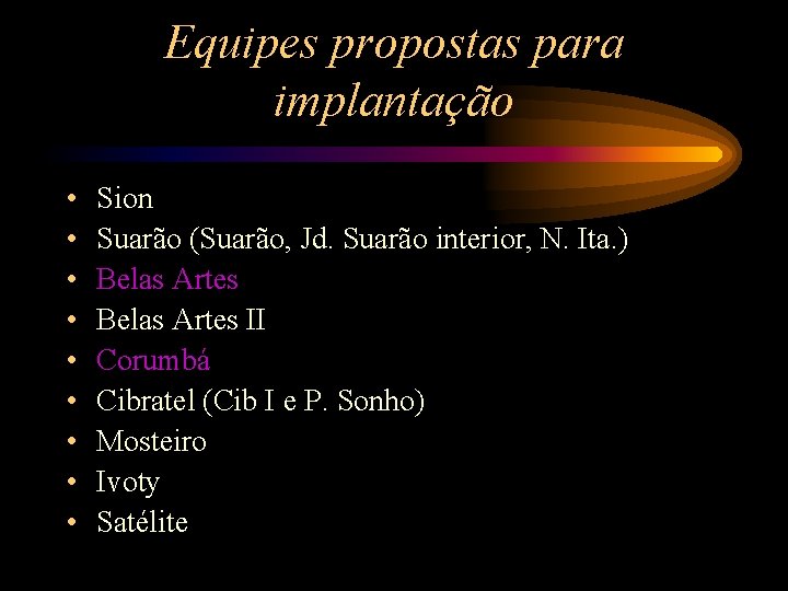 Equipes propostas para implantação • • • Sion Suarão (Suarão, Jd. Suarão interior, N.