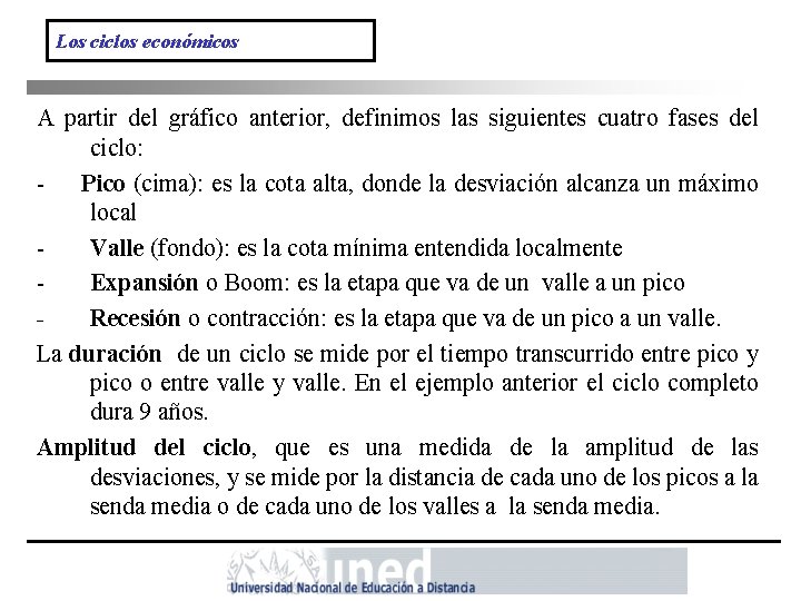 Los ciclos económicos A partir del gráfico anterior, definimos las siguientes cuatro fases del