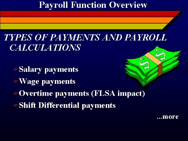 Payroll Function Overview TYPES OF PAYMENTS AND PAYROLL CALCULATIONS FSalary payments FWage payments FOvertime