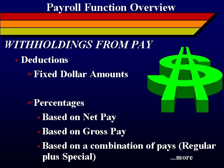 Payroll Function Overview WITHHOLDINGS FROM PAY • Deductions FFixed Dollar Amounts FPercentages • Based