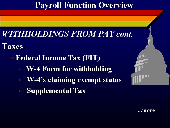 Payroll Function Overview WITHHOLDINGS FROM PAY cont. Taxes FFederal • • • Income Tax