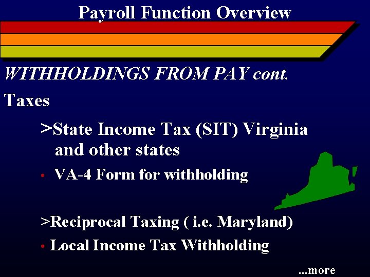 Payroll Function Overview WITHHOLDINGS FROM PAY cont. Taxes >State Income Tax (SIT) Virginia and