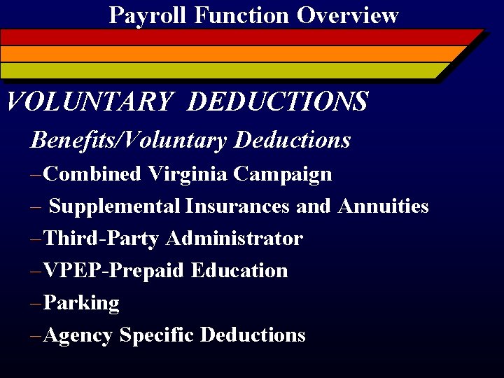 Payroll Function Overview VOLUNTARY DEDUCTIONS Benefits/Voluntary Deductions – Combined Virginia Campaign – Supplemental Insurances