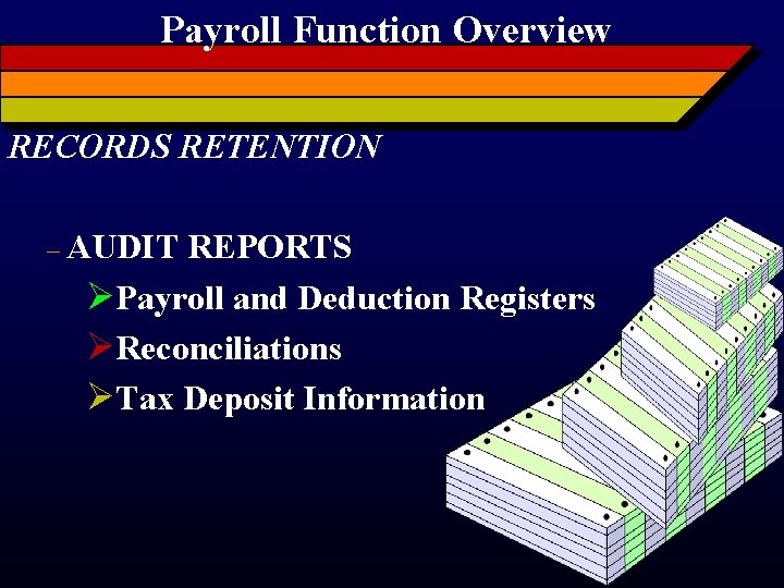 Payroll Function Overview RECORDS RETENTION – AUDIT REPORTS ØPayroll and Deduction Registers ØReconciliations ØTax