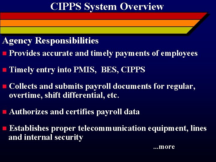 CIPPS System Overview Agency Responsibilities n Provides accurate and timely payments of employees n