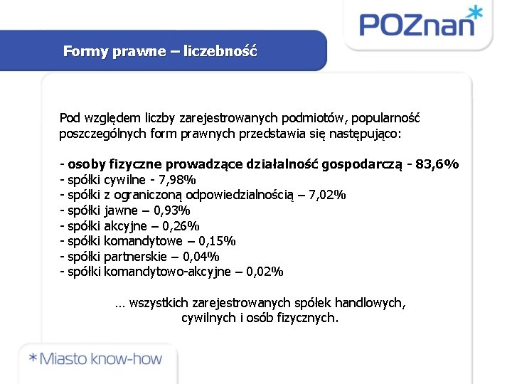 Formy prawne – liczebność Pod względem liczby zarejestrowanych podmiotów, popularność poszczególnych form prawnych przedstawia