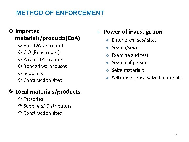 METHOD OF ENFORCEMENT v Imported materials/products(Co. A) v Port (Water route) v CIQ (Road