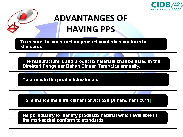 ADVANTANGES OF HAVING PPS To ensure the construction products/materials conform to standards The manufacturers