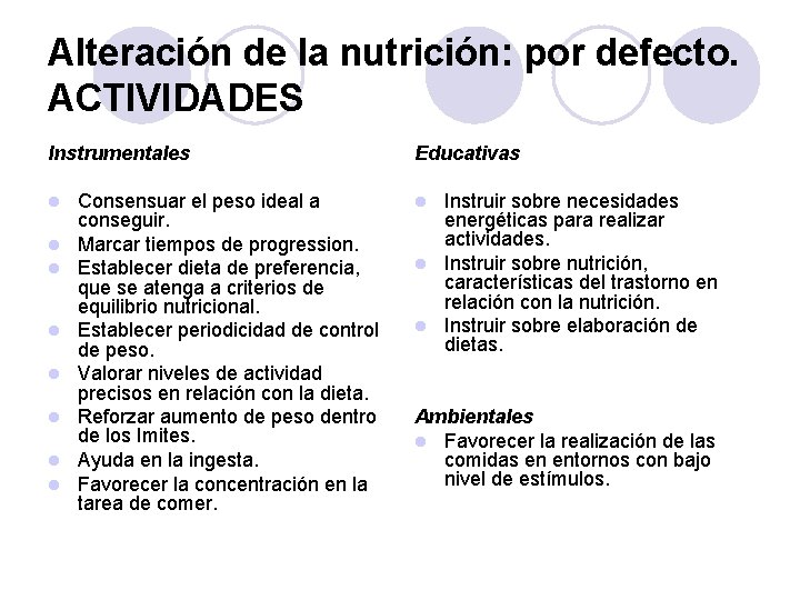 Alteración de la nutrición: por defecto. ACTIVIDADES Instrumentales l l l l Consensuar el