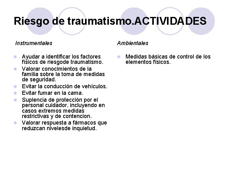 Riesgo de traumatismo. ACTIVIDADES Instrumentales l l l Ayudar a identificar los factores físicos