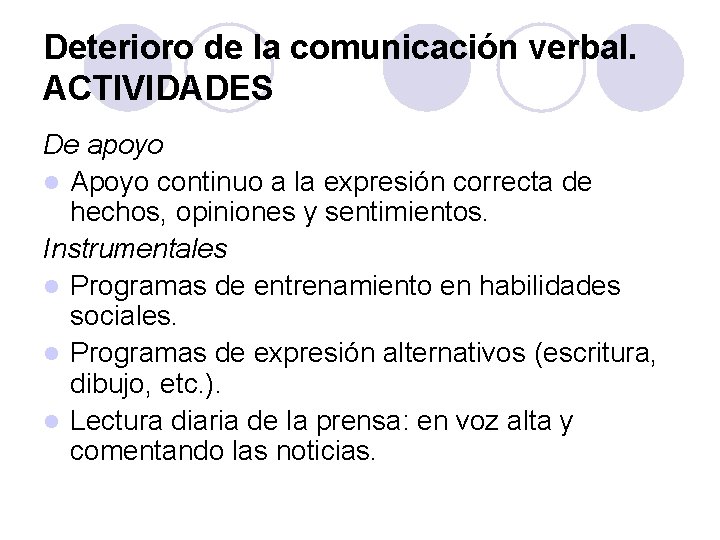 Deterioro de la comunicación verbal. ACTIVIDADES De apoyo l Apoyo continuo a la expresión