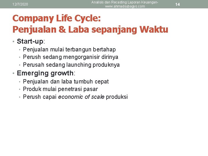 12/7/2020 Analisis dan Recasting Laporan Keuanganwww. ahmadsubagyo. com Company Life Cycle: Penjualan & Laba
