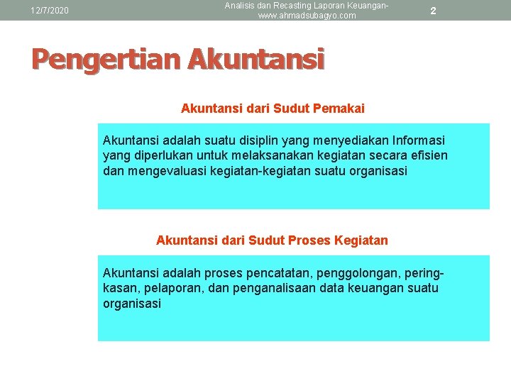 12/7/2020 Analisis dan Recasting Laporan Keuanganwww. ahmadsubagyo. com 2 Pengertian Akuntansi dari Sudut Pemakai