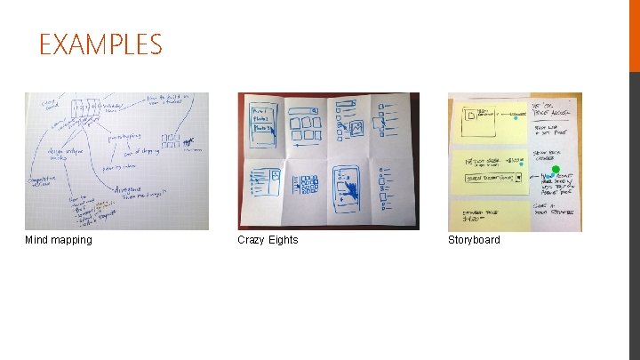 EXAMPLES Mind mapping Crazy Eights Storyboard 