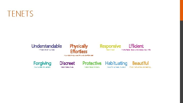 TENETS Understandable I know what I can do Physically Effortless Responsive I don’t wait