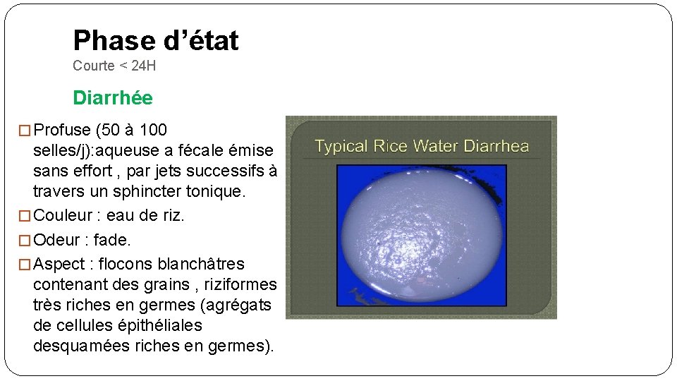 Phase d’état Courte < 24 H Diarrhée � Profuse (50 à 100 selles/j): aqueuse