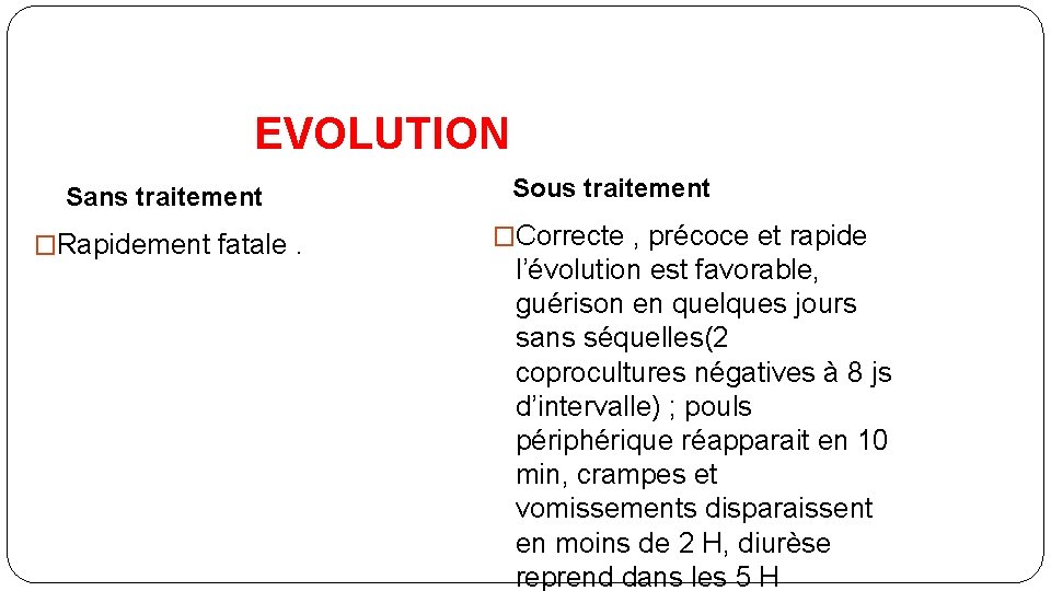 EVOLUTION Sans traitement �Rapidement fatale. Sous traitement �Correcte , précoce et rapide l’évolution est